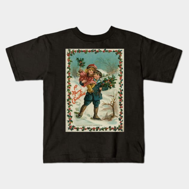 Vintage Christmas Boy and Girl Kids T-Shirt by RetroSalt